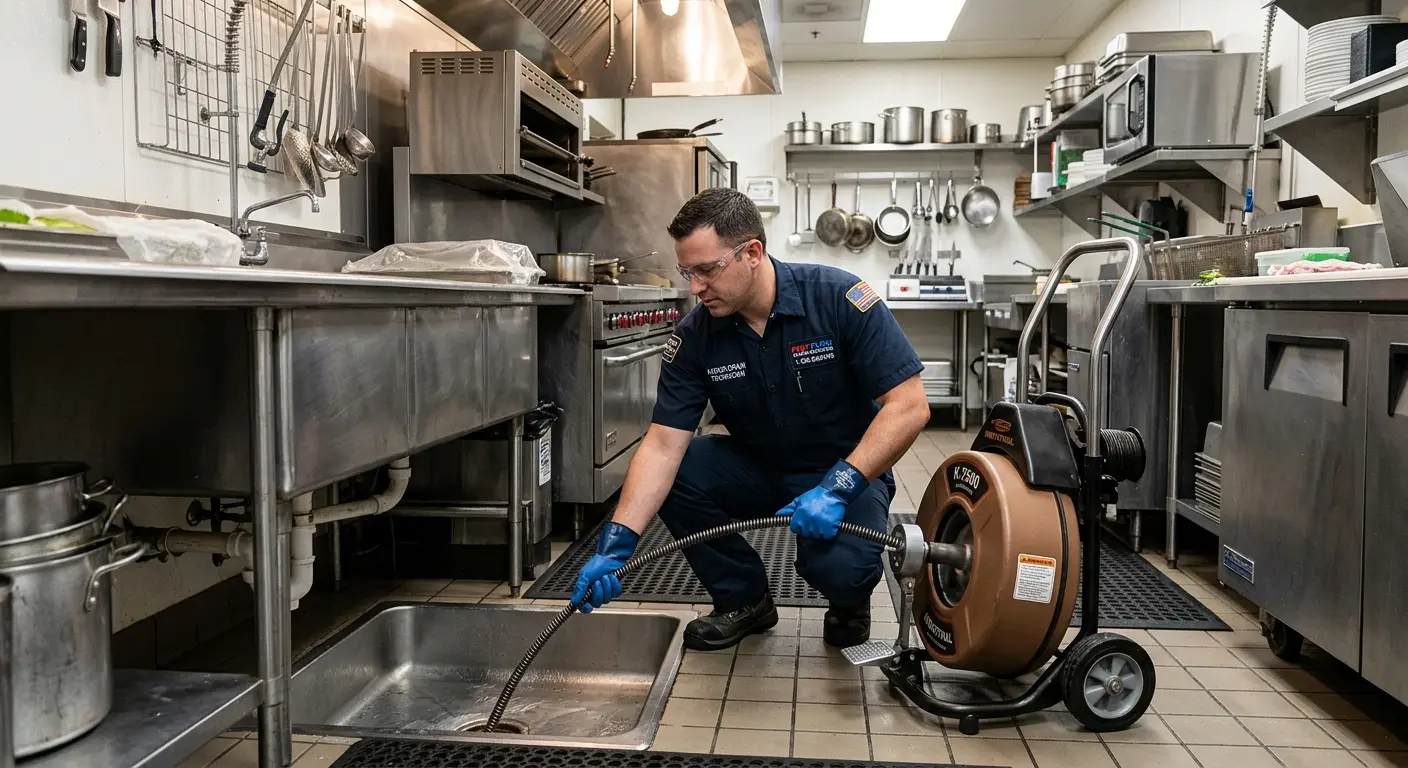 Commercial drain cleaning service in a restaurant kitchen in Victoria