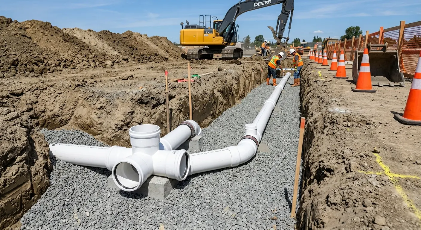 New PVC sewer pipe installation in open trench for Commercial Drain Cleaning in Victoria
